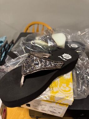 Yellow Box Black Jeweled Wedge Flip Flop Sandals